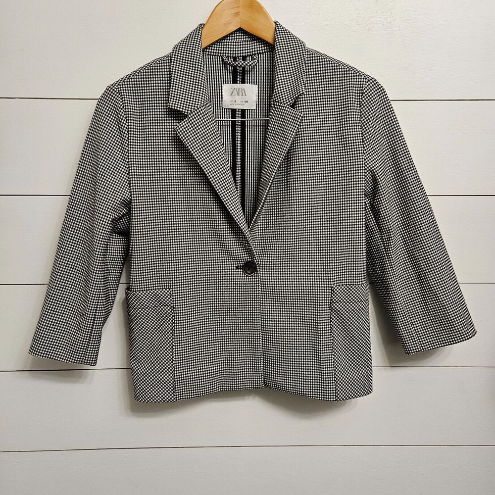 Zara Kids Girls Houndstooth Blazer Jacket Size 9 BlackWhite Blogger Lapel Collar